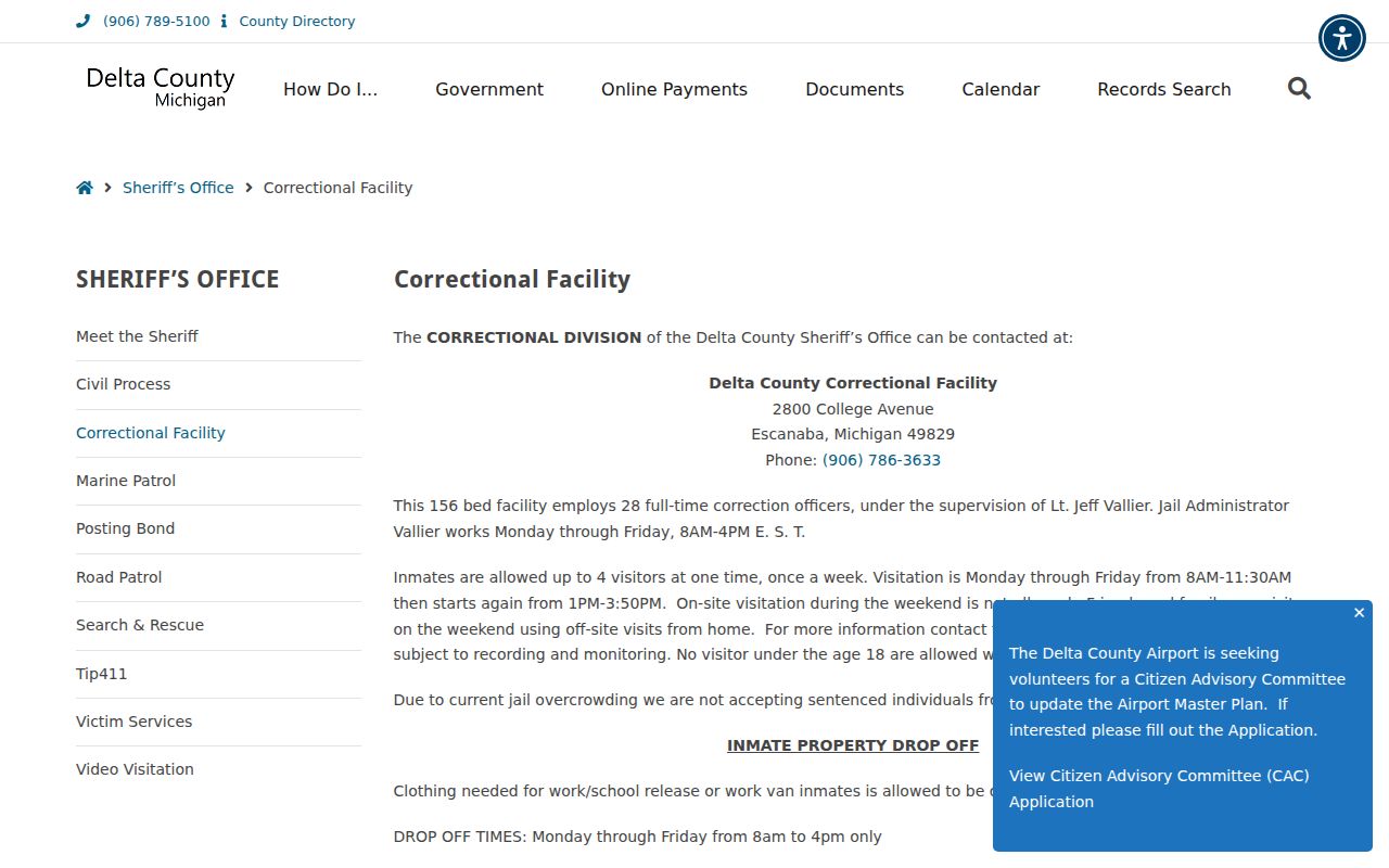 Delta County warrant records: jail contact and visitation page